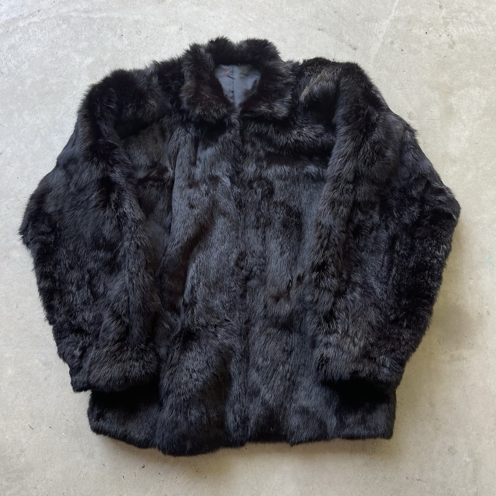 Vintage Black Dyed Rabbit Fur Coat Jacket Plush Genuine Fur Oversized XL